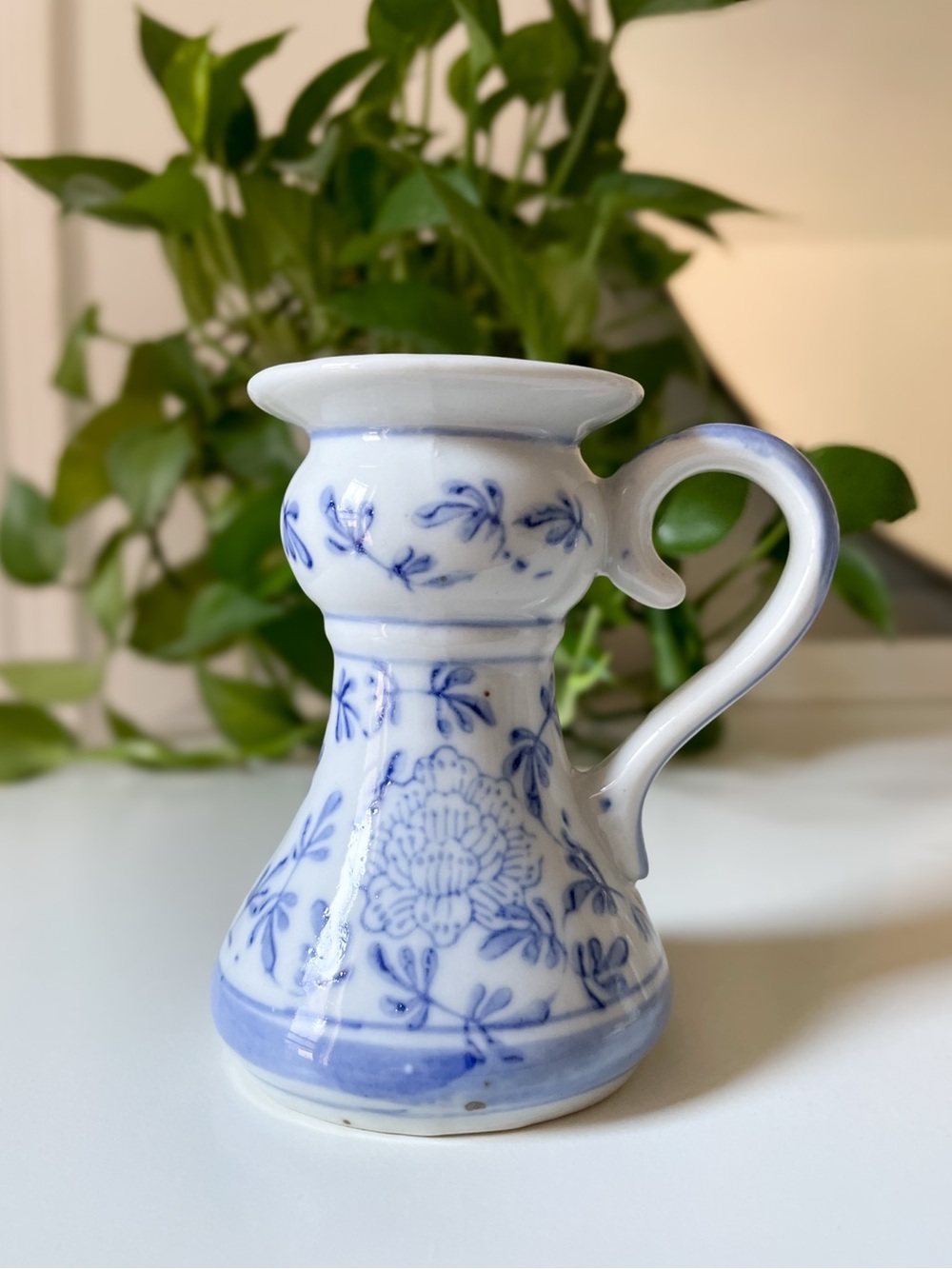 Vintage Chinoiserie Blue and White Chamberstick Candle Holder